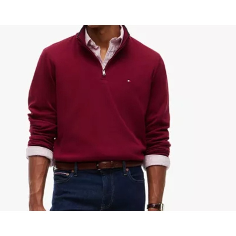 Tommy Hilfiger Mens Premium Cotton Quarter Zip Sweater Burgundy Heather Large
